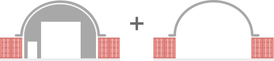 This variant of container tents is characterized by a front equipped with a covering with a large gate and a small entrance next to it. The back of the tent does not have a tarpaulin.