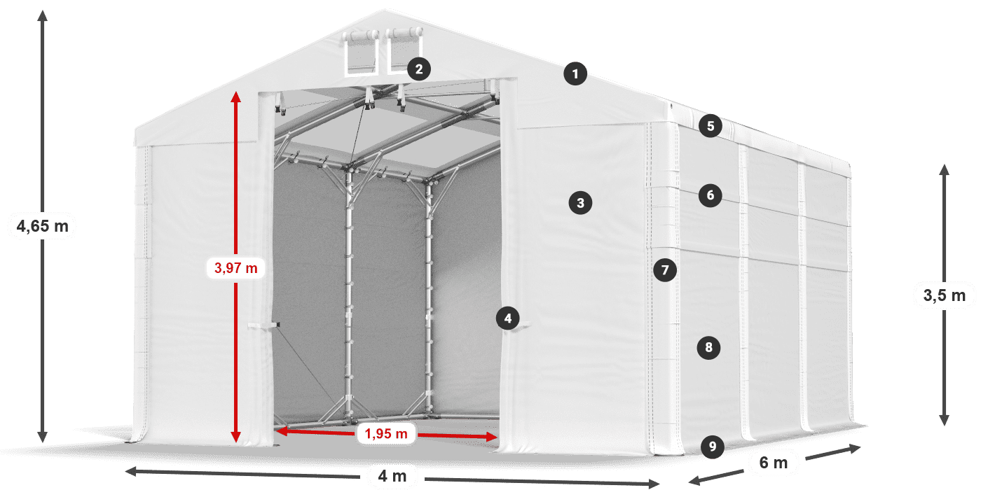 Roof: MS T 580 PVC Walls: SD 500 PVC 3.5m legend