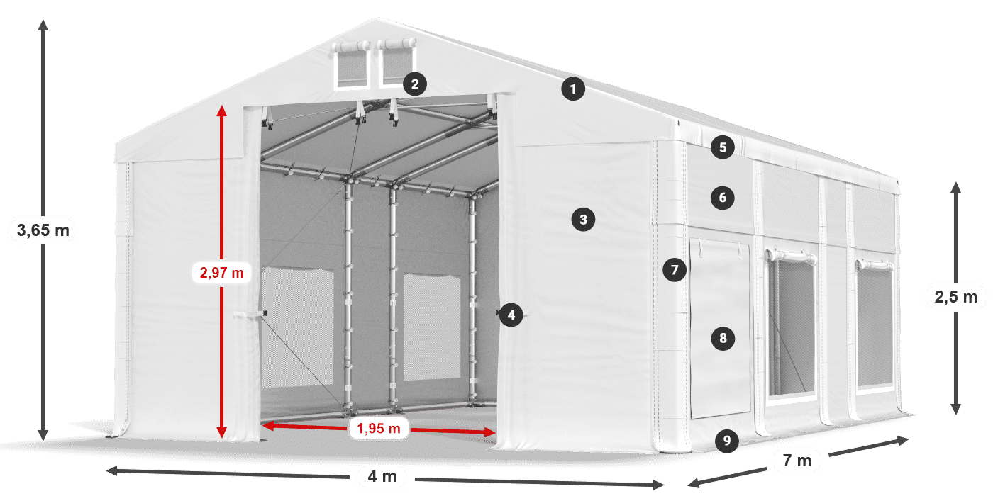 Roof: MS 580 PVC Walls: SD M 500 PVC 2.5m legend