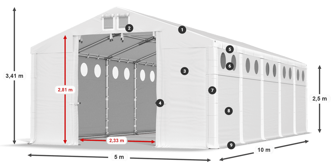 Roof: MS 580 PVC Walls: FR O 620 PVC 2.5m legend