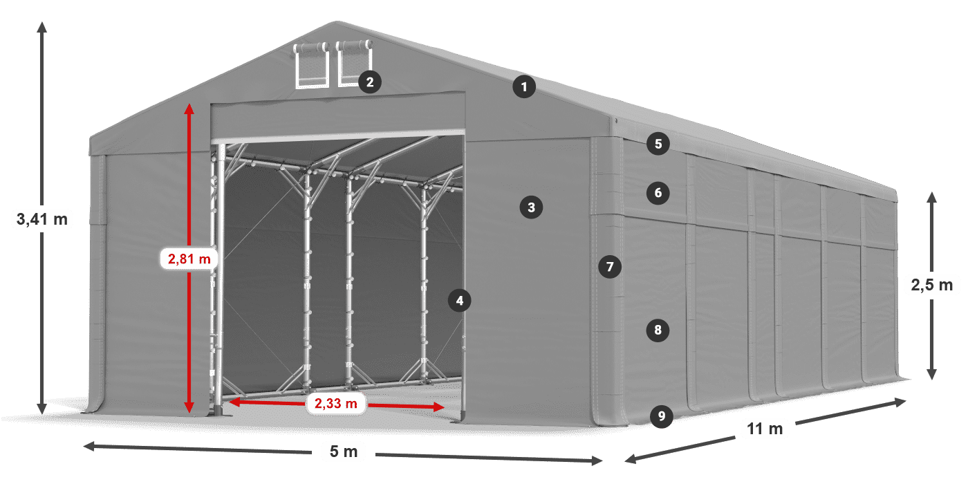 Roof: MS 580 PVC Walls: FR 620 PVC 2.5m legend