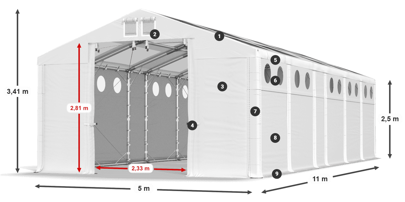 Roof: MS T 580 PVC Walls: SD O 500 PVC 2.5m legend