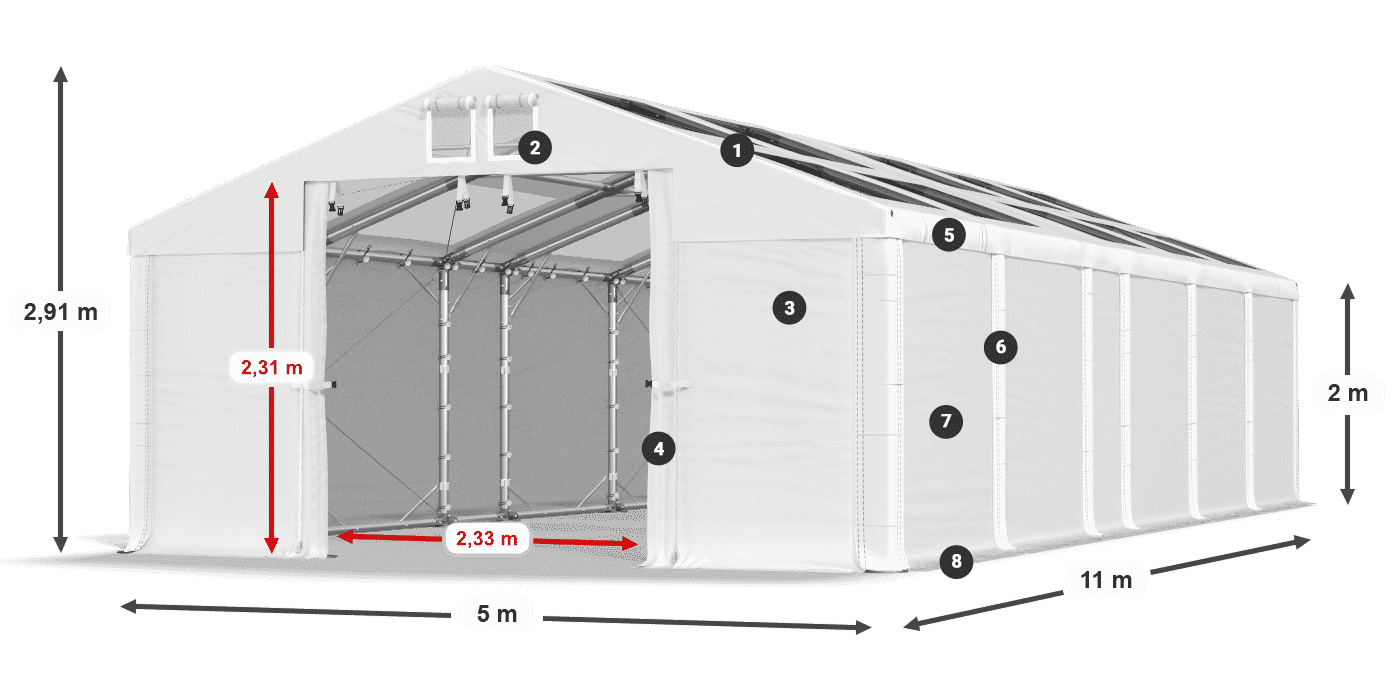 Roof: MS T 580 PVC Walls: SD 500 PVC 2m legend