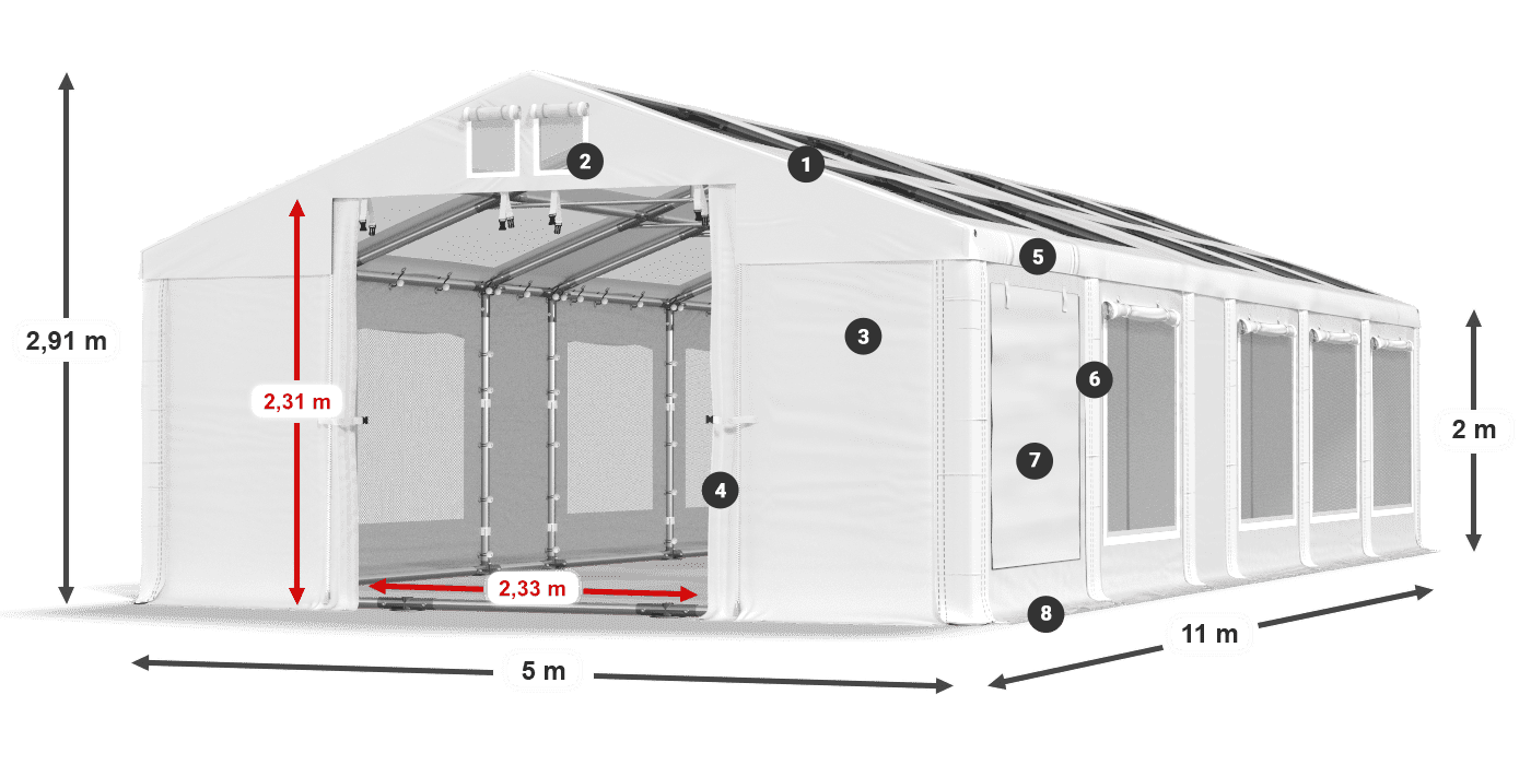 Roof: MS T 580 PVC Walls: SDM 500 PVC 2m legend