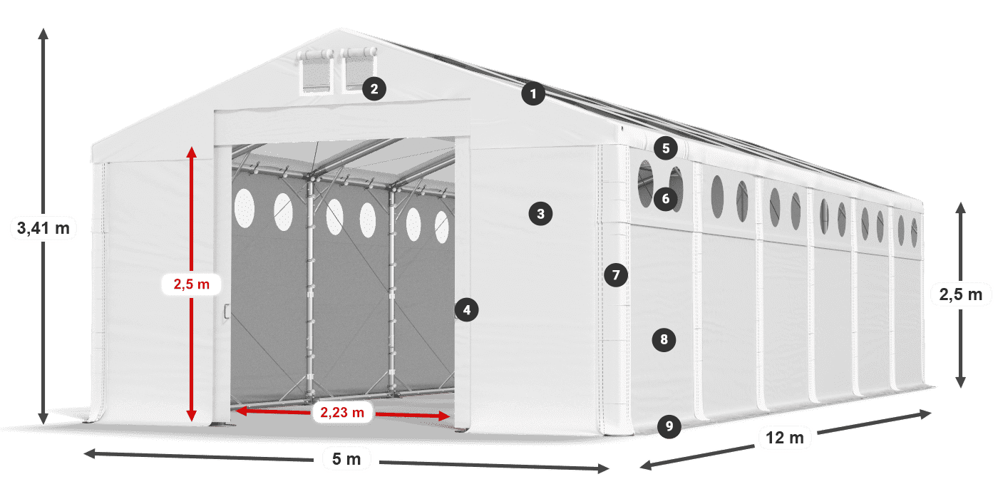 Roof: MS T 580 PVC Walls: FR O 620 PVC 2.5m legend