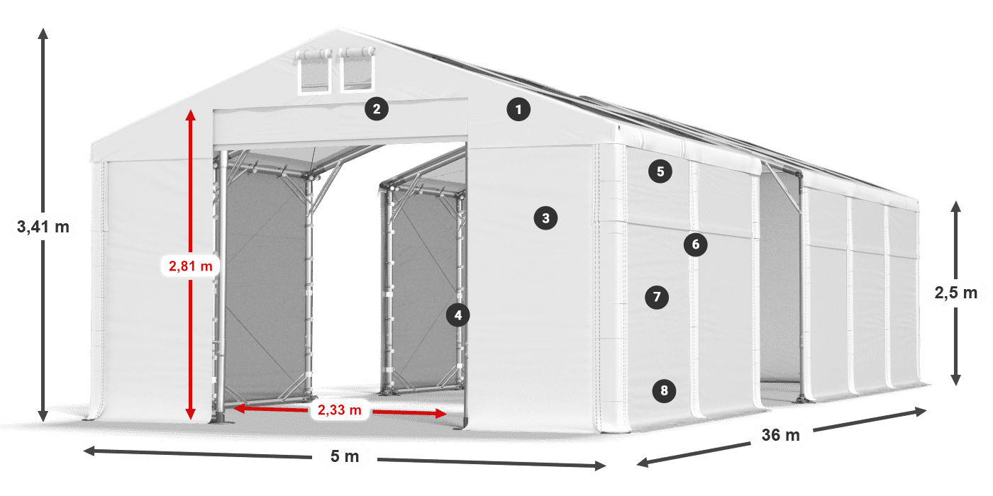Roof: MS T 580 PVC Walls: SD 500 PVC 2.5m legend