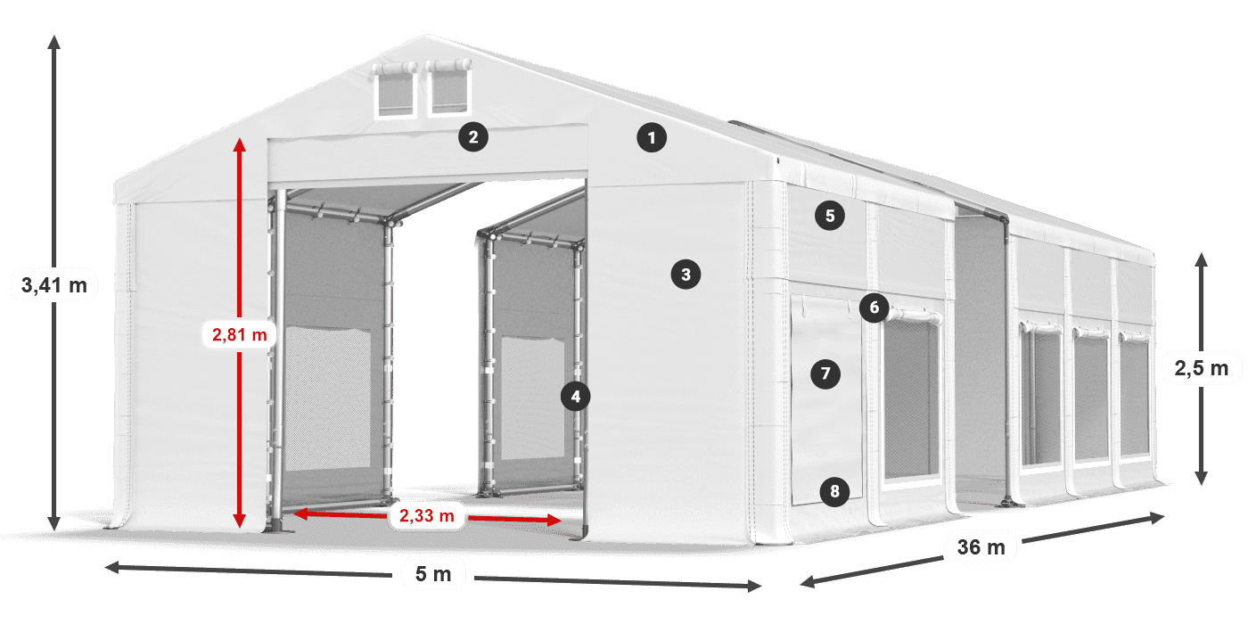 Roof: MS 580 PVC Walls: SD M 500 PVC 2.5m legend