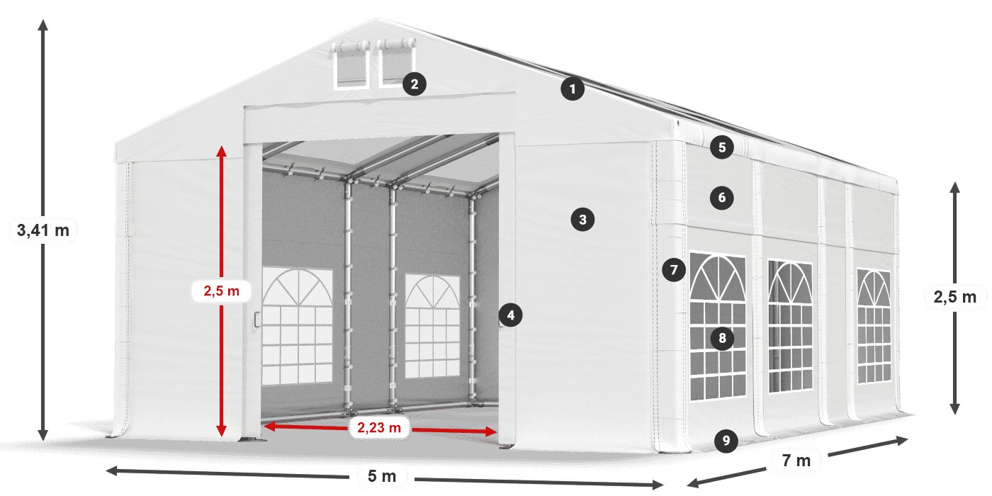 Roof: MS T 580 PVC Walls: FR 620 PVC 2.5m legend