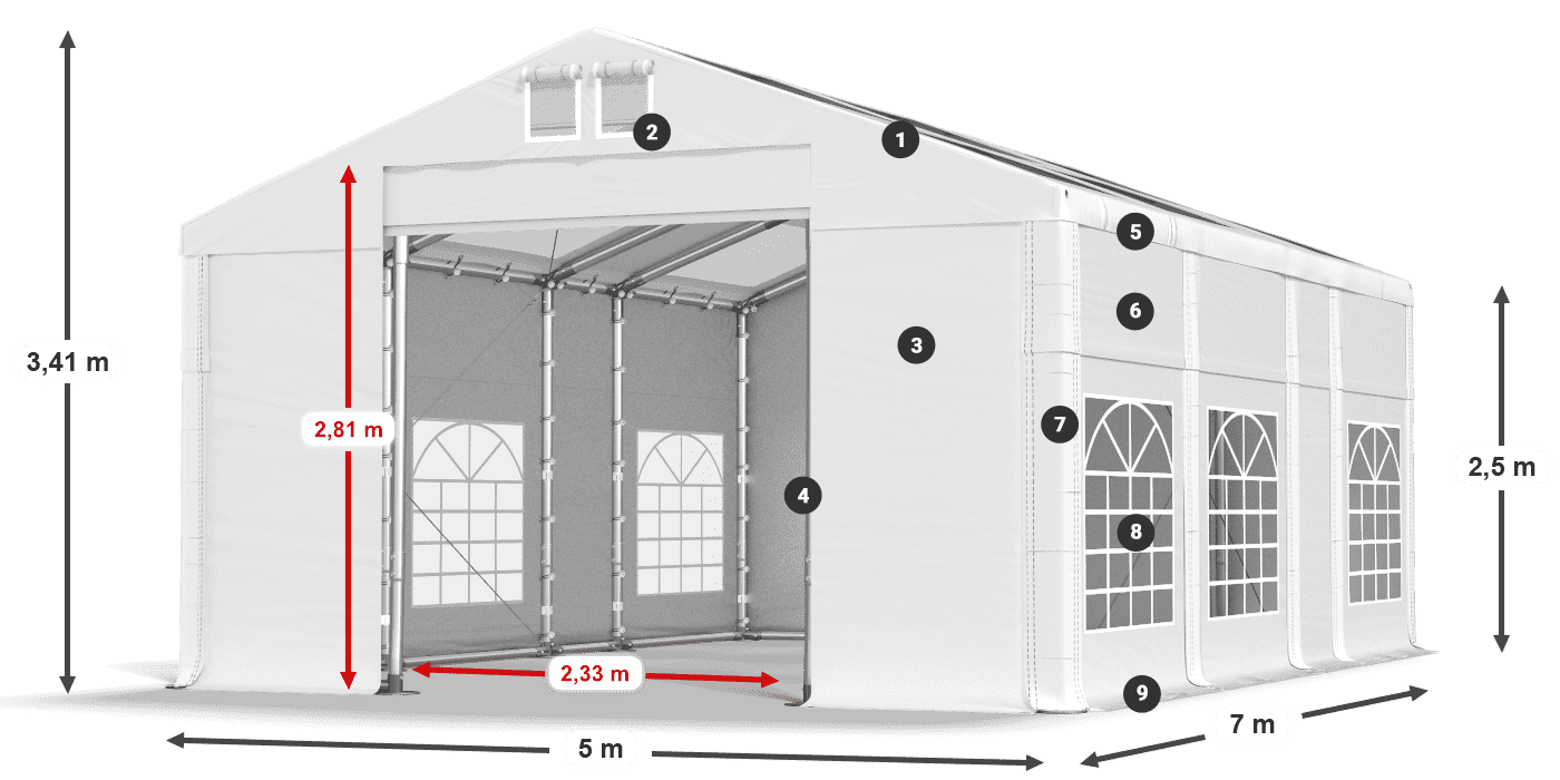 Roof: MS T 580 PVC Walls: FR 620 PVC 2.5m legend