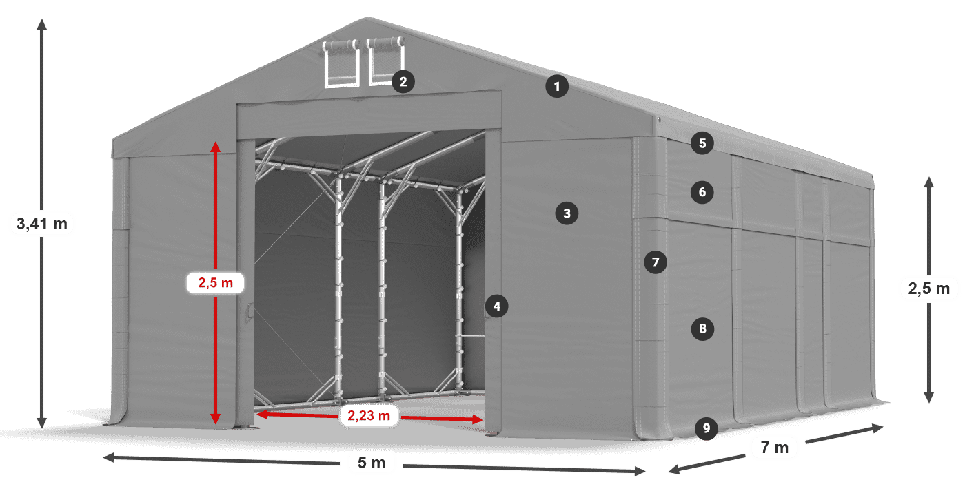 Roof: MS 580 PVC Walls: SD 500 PVC 2.5m legend