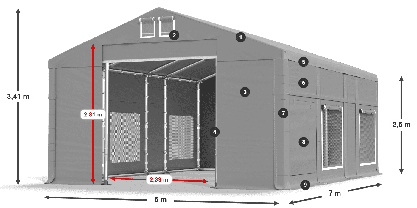 Roof: MS 580 PVC Walls: SD M 500 PVC 2.5m legend
