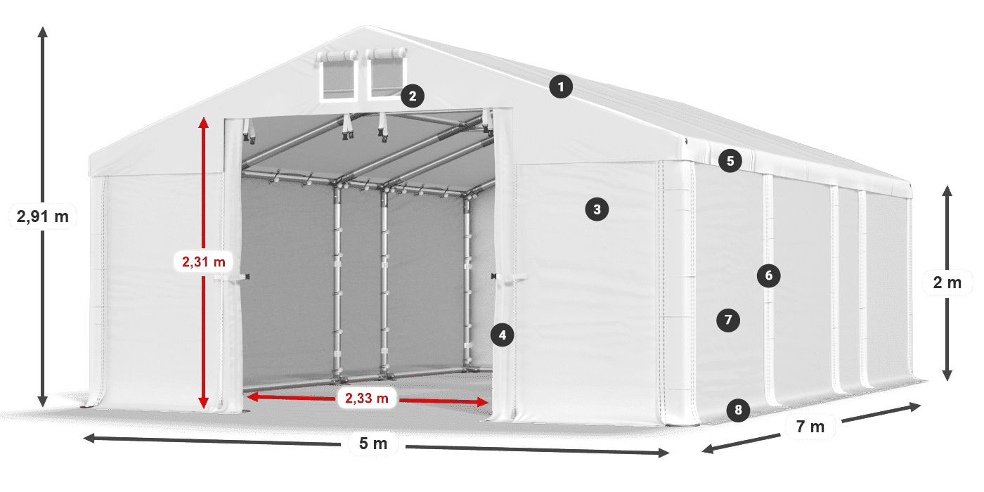 Roof: MS 580 PVC Walls: FR M 620 PVC 2m legend