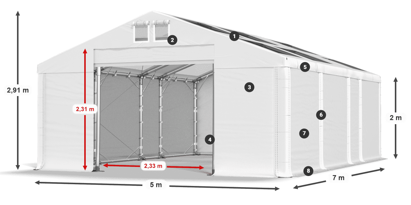 Roof: MS T 580 PVC Walls: SD 500 PVC 2m legend