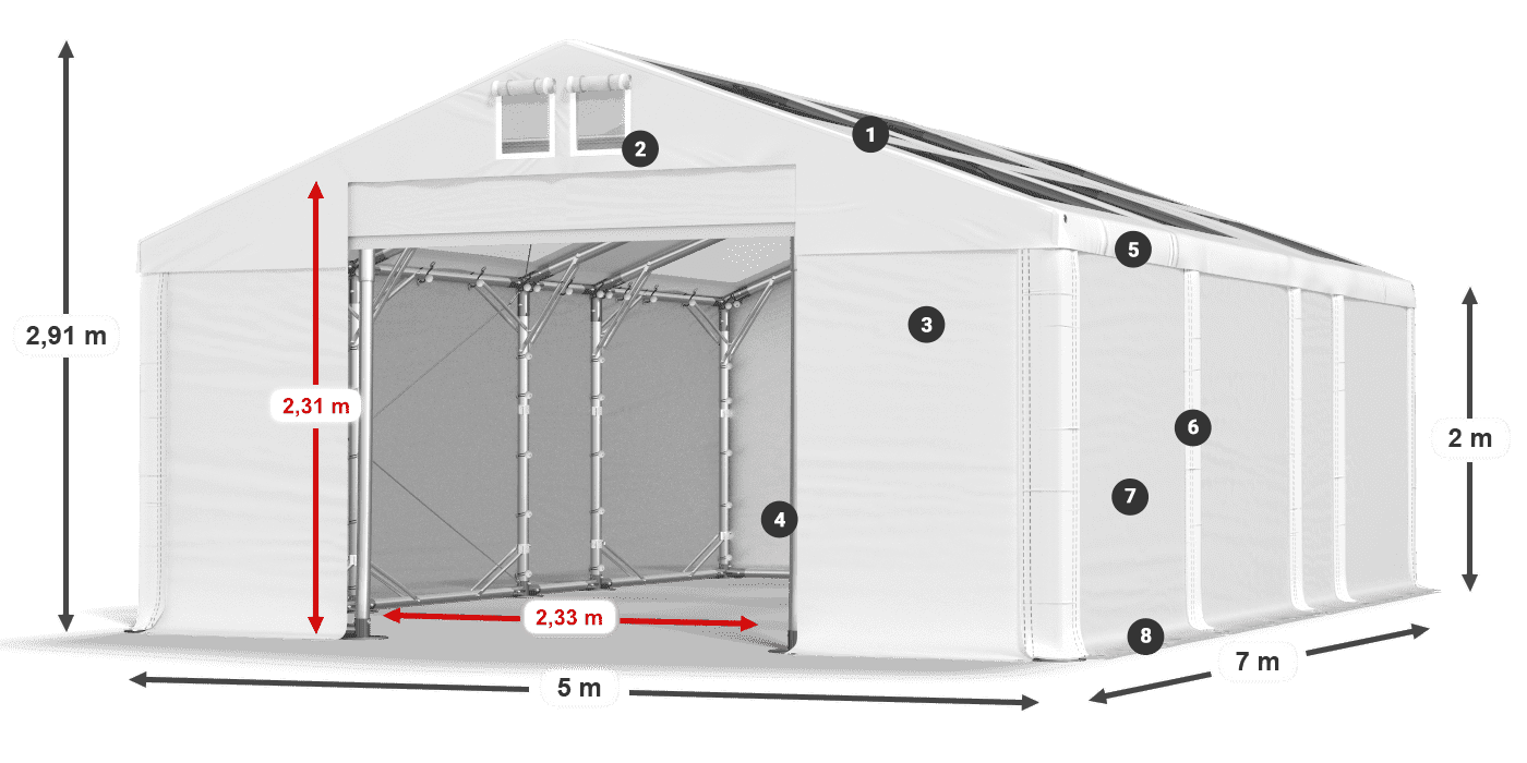 Roof: MS T 580 PVC Walls: SD 500 PVC 2m legend