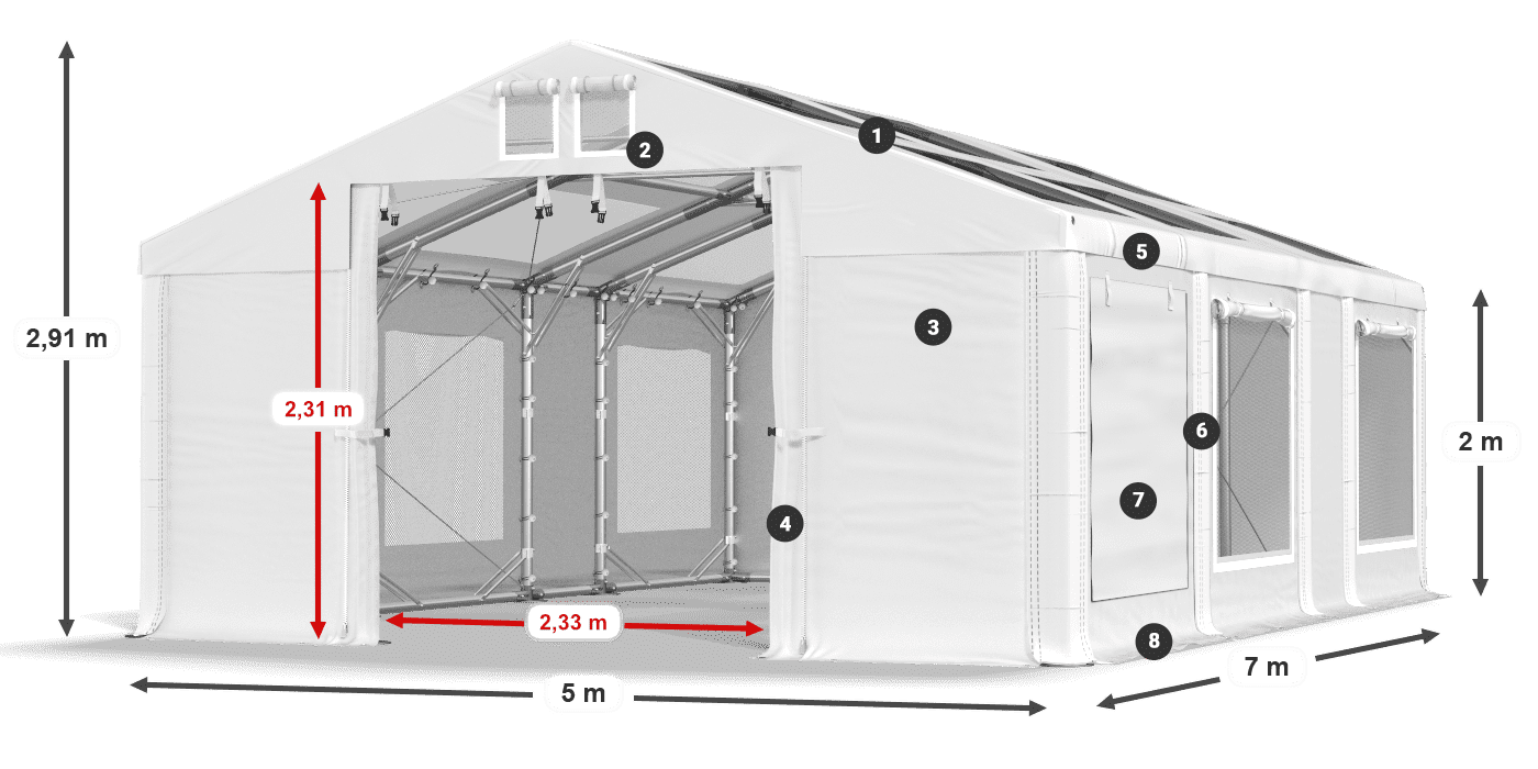 Roof: MS T 580 PVC Walls: SDM 500 PVC 2m legend