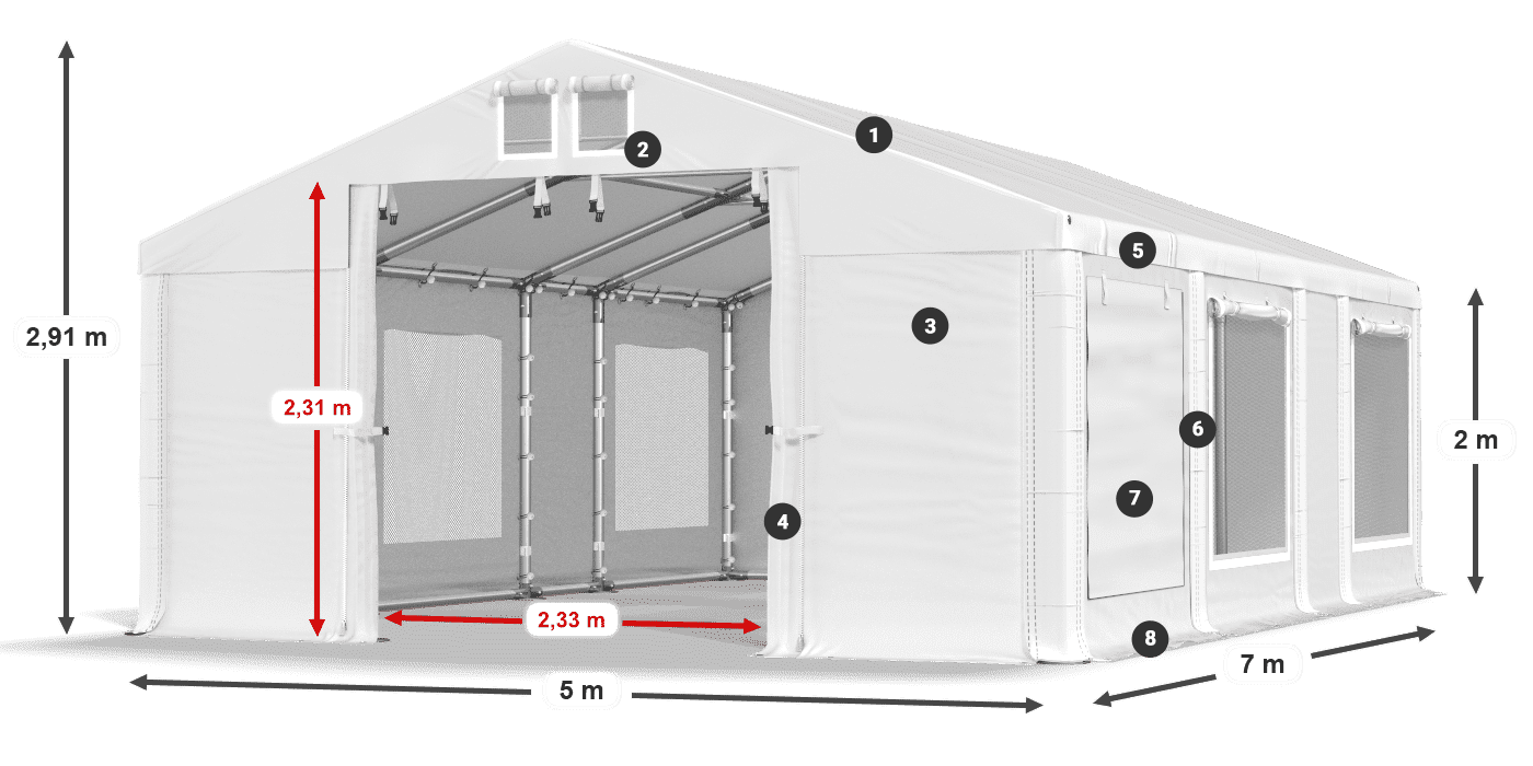 Roof: MS 580 PVC Walls: SD M 500 PVC 2m legend