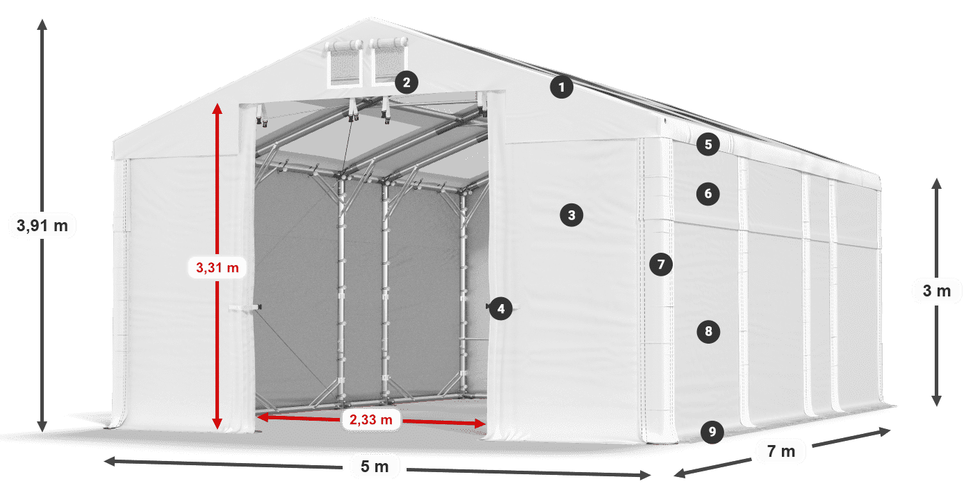 Roof: MS T 580 PVC Walls: SD 500 PVC 3m legend