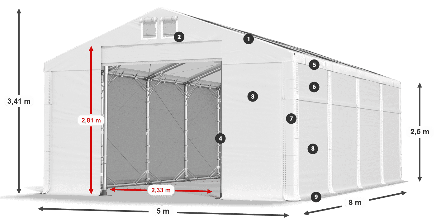 Roof: MS T 580 PVC Walls: FR 620 PVC 2.5m legend