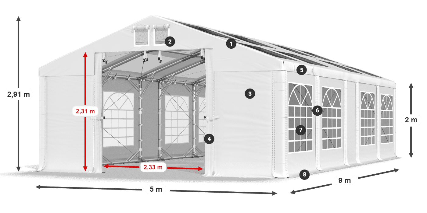 Roof: MS T 580 PVC Walls: FR 620 PVC 2m legend