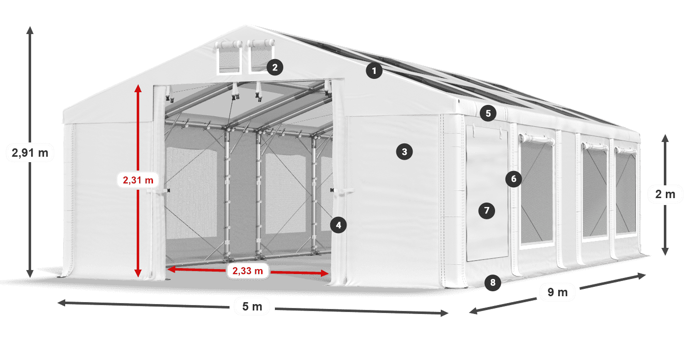 Roof: MS T 580 PVC Walls: SDM 500 PVC 2m legend
