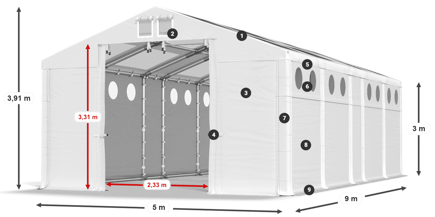 Roof: MS T 580 PVC Walls: FR O 620 PVC 3m legend